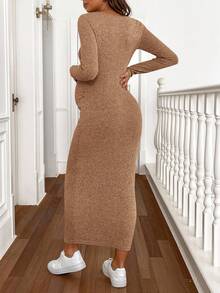 SHEIN 孕妇纯色方领长袖罗纹修身休闲连衣裙 - 棕色 - 查看 2