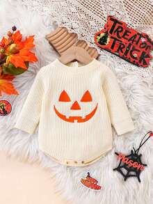 SHEIN Baby Boys/Girls Knitted Long Sleeve Bodysuit, Comfortable For Autumn/Winter, Beige Color, Versatile For Daily Wear, Embroidered Halloween Pumpkin Design, Stylish & Cute, Suitable For Holidays, Home, Outings, Travel - Apricot - View 8