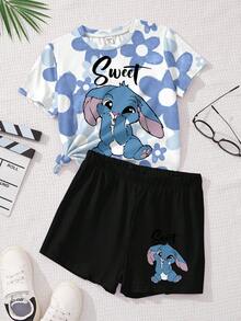 SHEIN Leap Crew Kawaii Cartoon Blue Rabbit Lulu & Stitch Pattern, Blue Ombre Floral, Tween Girl Casual Minimalist Short Sleeve Shorts 2 Pieces Set, Suitable For Summer, Autumn Outfits For Outing, Easy Comfort, Stylish Kids, Casual Wear, Kids Graphic Clothes, Back To School, Homecoming, Suitable For Outdoor Picnic, Outing, Street Photography, Home, Campus, Chill Chill - Multicolor - View 2