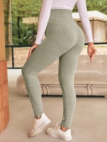 SHEIN 孕妇女士纯色可调节腰部罗纹休闲紧身裤 - 綠色 - 查看 2