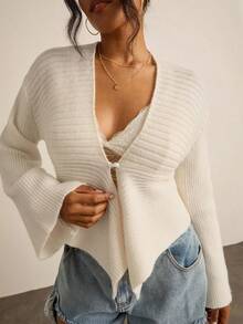 SHEIN VCAY Plus Size Women Solid Color Drop Shoulder Long Sleeve Single-Breasted Casual Knit Cardigan, Autumn - Beige - View 1