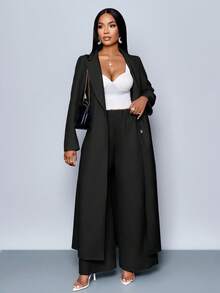 SOLERSUN Winter Clothes For Women Ankle Length Longline Double Breasted Blazer With Trousers Suit - Black - View 4