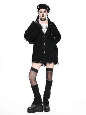 Goth Chaqueta de punto holgada con cuello en V, bajo desgastado, estilo gótico casual para mujer, otoño/invierno, Halloween