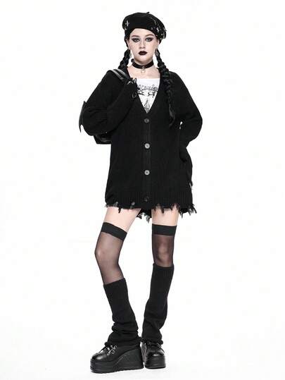Goth Cardigan en tricot décontracté à col en V et ourlet déchiré pour femmes, ample, veste de dessus, automne/hiver, Halloween