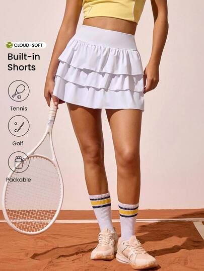 CourtClass Women's Solid Color Multi-Layer Tennis Skirt With Built-In Shorts And Phone Pocket, Suitable For Outdoor Sports And Exercise White Skorts For Women White Skirt Tennis Tiered Ruffle Skirt White Ruffle Skirt White Tennis Skirt Tennis Skirt With Pockets White Golf Skirt Workout Skirt