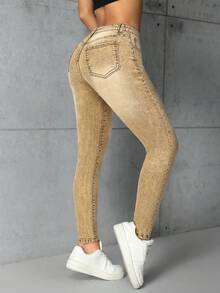 SHEIN ICON Jeans pitillo de mujer con bolsillos sesgados lavados - Caqui - Ver 2