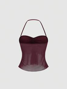 Sweetra Áo cổ yếm đơn giản, màu trơn dành cho nữ mặc hàng ngày Y2K - Màu Đỏ Sâu - Xem 2