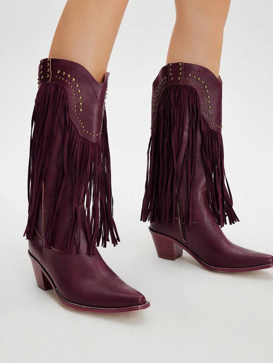 Styleloop CUCCOO Women's Pointed Toe Chunky Heel Fringe Studded Western Mid-Calf Boots - Burgundy - View 1
