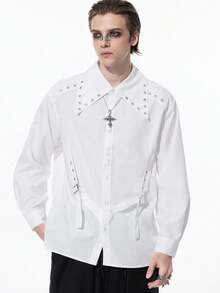 ROMWE MEN Goth 男士休闲金属孔眼前扣长袖衬衫 - 淺藍色 - 查看 1