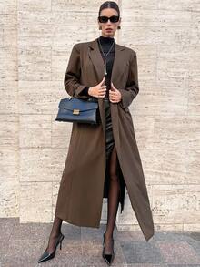 Lavishia 棕色抗皱面料长袖加长女士西装外套，秋冬通勤时尚 - 棕色 - 查看 5