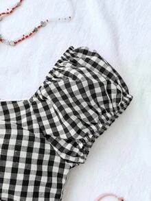 SHEIN Tween Girl Casual Minimalist Comfortable Plaid Back Strap Shirt Blouses For Girls Girls Babydoll Top Girls Checkered Top Shirts For Tween Girls Black And White - Black and White - View 5