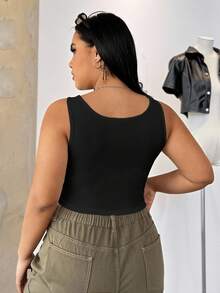 SHEIN EZwear Plus Size Solid Color Knitted Slim Fit Cropped Tank Top - Black - View 2