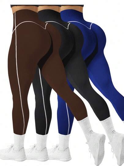 Slayform 3 件套女式罗纹撞色宽腰带基本款跑步、健身、瑜伽、紧身裤男式紧身裤男式紧身裤健身紧身裤健身紧身裤压缩裤氨纶裤足球紧身裤