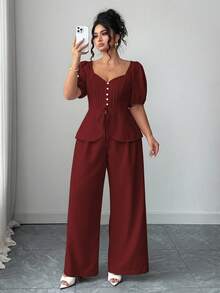 Elenzga Conjunto de 2 piezas de top con mangas abullonadas y pantalones de pierna ancha, elegante y casual, con estilo retro francés para el día a día - Burdeos - Ver 3