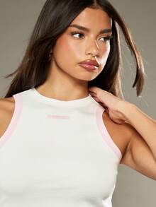 MISSGUIDED 无袖工字领罗纹针织露脐背心，粉色滚边，夏季休闲百搭修身必备时尚单品 - 白色 - 查看 5