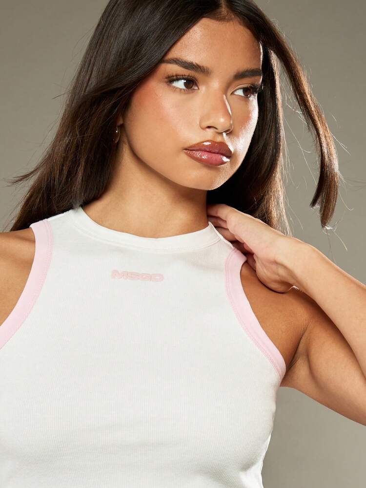 MISSGUIDED Sleeveless Racer Neck Tank Top Ribbed Knit Crop Tank Top Pink Trim Basic Summer Casual Layer Fitted Essential Fashion