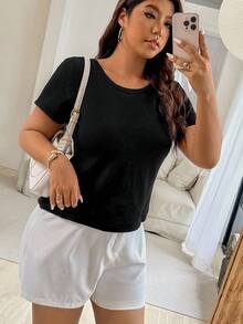 Vionelle Plus Size Women French Style Beaded Short Sleeve Knit Top, Elegant, Fashionable, Versatile, Casual & Minimalist - Black - View 5