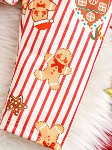 2 件男婴圣诞姜饼屋和树印花条纹休闲领开衫和裤子睡衣套装，秋冬女婴圣诞装 - 紅色 - 查看 3