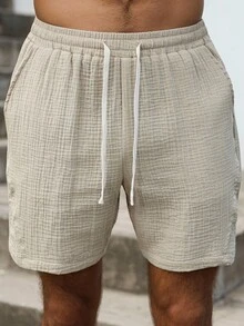 Manfinity Homme Plus Size Men's Solid Color Cotton Drawstring Waist Pocket Casual Shorts