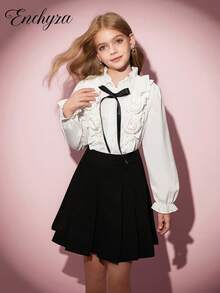 青少年女孩休闲优雅白衬衫，长袖玫瑰 3D 花朵修身短上衣，春夏秋季 - 白色 - 查看 3