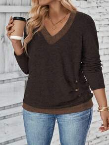 EMERY ROSE New Casual V-Neck Long Sleeve Contrast Color T-Shirt For Women - Coffee Brown - View 3