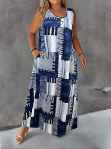 EMERY ROSE Plus Size Round Neck Casual Printed Knit Dress - Multicolor - View 4