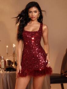 Glamine Váy ngắn cổ tròn không tay thêu hạt cườm màu đỏ rượu vang dành cho nữ, váy ngắn dệt kim màu đỏ, váy ngắn dự tiệc ngày lễ gợi cảm - Màu Đỏ Sâu - Xem 7