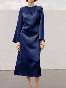 Uhlyne Đầm ôm dáng tay dài cổ tròn thanh lịch tối giản dành cho nữ dự tiệc đi làm hàng ngày - Màu xanh hải quân - Xem 5