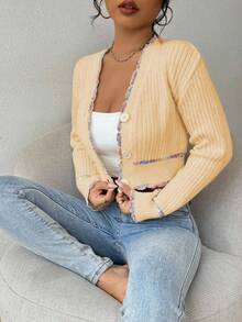 Chiquease 女士优雅落肩长袖短款开衫，秋季 - 鵝黃色 - 查看 5