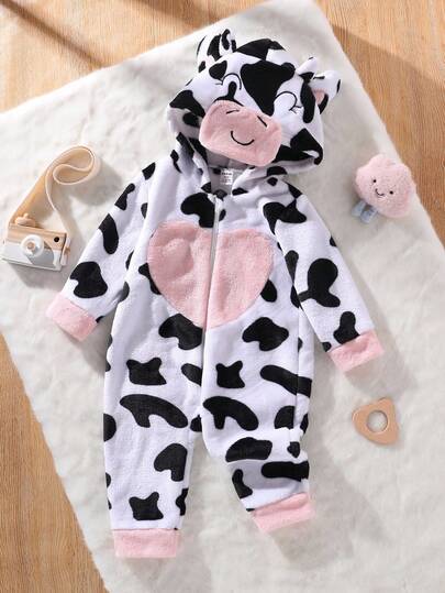 Pelele con capucha de franela con estampado de vaca y corazón para bebé e infante niña, con puños y pies a contraste, diseño de orejas adorable, mono de dormir para otoño/invierno, 6M-3A