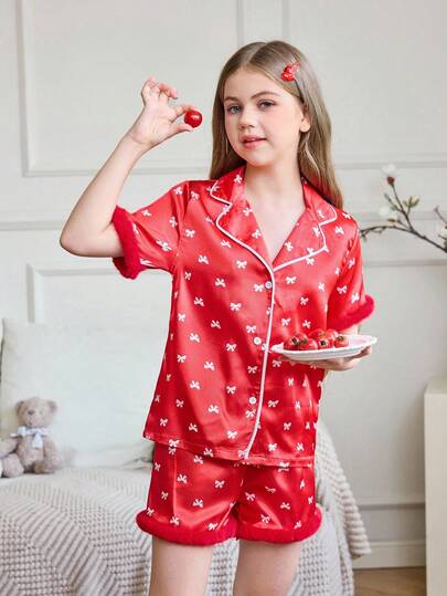 女童蝴蝶结印花可爱毛茸茸装饰府绸短袖短裤睡衣套装