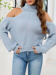 SHEIN Tall Suéter holgado de mujer de cuello alto y hombros descubiertos de manga larga, para otoño/invierno