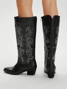 Styleloop Women's Studded, Zipper, Embroidered Decor Chunky Heel Pointed Toe Slip-On Boots, Suitable For Festivals, Outdoor, Black Boots, Ladies Boots, Western Boots - Black - View 2