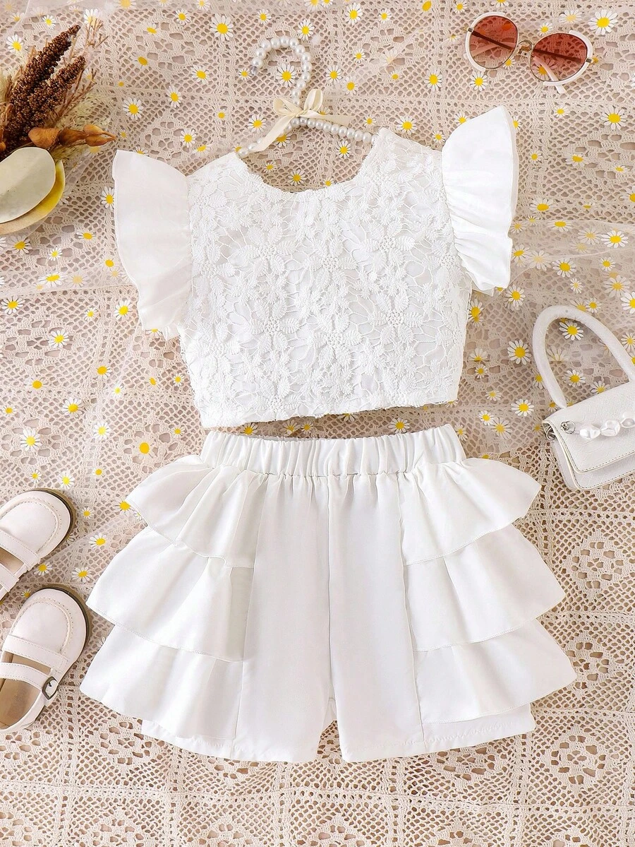 Tween Girl Contrast Lace Butterfly Sleeve Top & Layered Ruffle Shorts