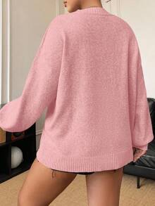 Elenzga 大码女式休闲宽松圆领长袖套头毛衣，修身显瘦，秋冬 - 粉色 - 查看 3