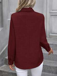 EMERY ROSE Women's Casual Solid Color Front Button Long Sleeve Shirt, Autumn - Burgundy - View 2