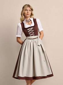 Fairmaia Vintage Woven Strap Tie Chain Decor Summer Women's Dirndl Dress, Traditional Oktober Dirndl - Coffee Brown - View 1