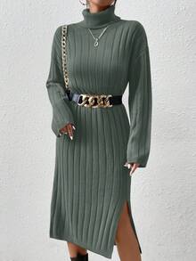 EURMUSE Women's Casual Solid Color Turtleneck Slit Knitted Sweater Dress, Autumn/Winter