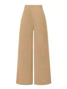 SHEIN Clasi 女士纯色腰部金属装饰牙签设计阔腿宽松休闲裤，适合工作 - 卡其色 - 查看 2