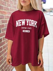 EMERY ROSE 大码女式休闲纽约字母印花宽松中长款短袖圆领 T 恤 - 酒紅色 - 查看 3