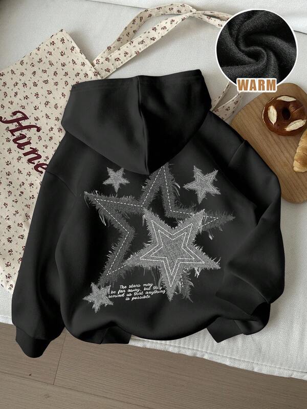 Casual Minimalist Personalized Pentagram Pattern Loose Fit Comfortable Sweatshirt, Black, Street Style, Punk, Suitable For Autumn/Winter, Teen Girls Fall