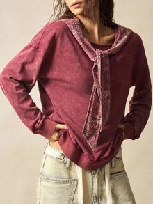 Bohemela Boho Paisley Print Hooded Casual Solid Color Washed Knit Sweatshirt For Women In Fall/Winter - Red - View 6