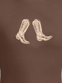 Casual Simple Boot Printed Round Neck Short Sleeve Slim Fit Crop Top T-Shirt For Women, Suitable For Summer