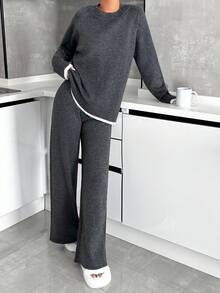 SHEIN Tall Minimalist Contrast-Trim Lounge Set – Soft Knit Long Sleeve Top & Wide-Leg Pants - Grey - View 3