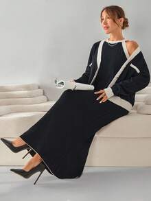 EURMUSE Black & Cream Contrast Ribbed Knit Set – Gold Button V-Neck Cardigan Paired With Matching Sleeveless Bodycon Dress - Black - View 1