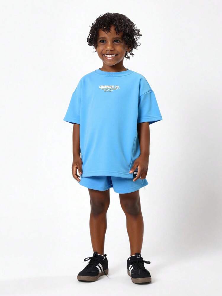 Oversized T-Shirt And Shorts Set With Turquoise Logo Print