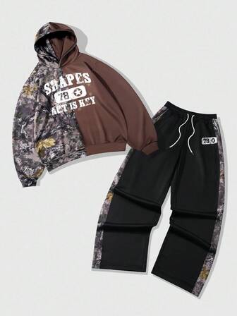 Street Life Conjunto de sudadera con capucha con corazón y pantalones de ajuste relajado para hombre, ropa de otoño