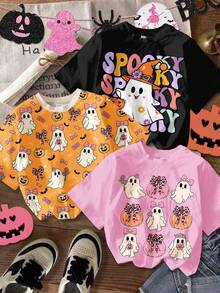 SHEIN Camiseta de manga corta y cuello redondo básica de uso casual con gráficos de Halloween para niña, 3 piezas en colores crema rosa, crema naranja y negro con calabazas lindas, fantasmas, moños y frases de la temporada de miedo, ideal para el otoño y la comodidad - Multicolor - Ver 1
