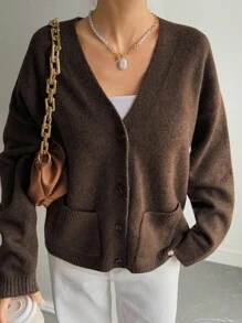 Livesso Women's Casual Solid Color Cardigan With Pockets, Autumn - Brown - View 4