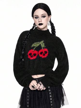 Goth Dark Skull & Cherry Print Knitted Long Sleeve Pullover Knit Top, Halloween